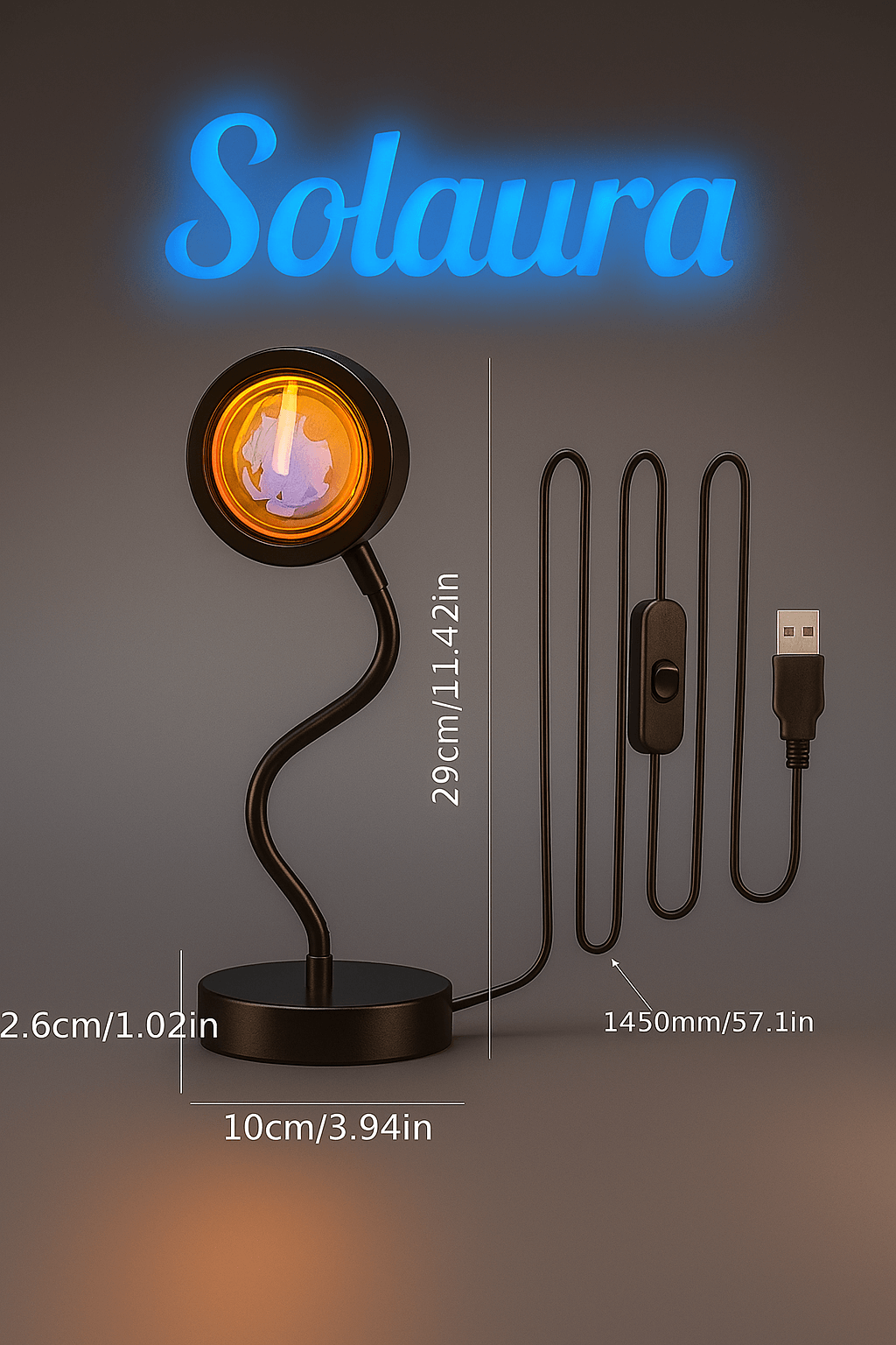 Warm sunset lamp for room decoration, aesthetic LED floor lamp with golden glow for cozy ambiance.