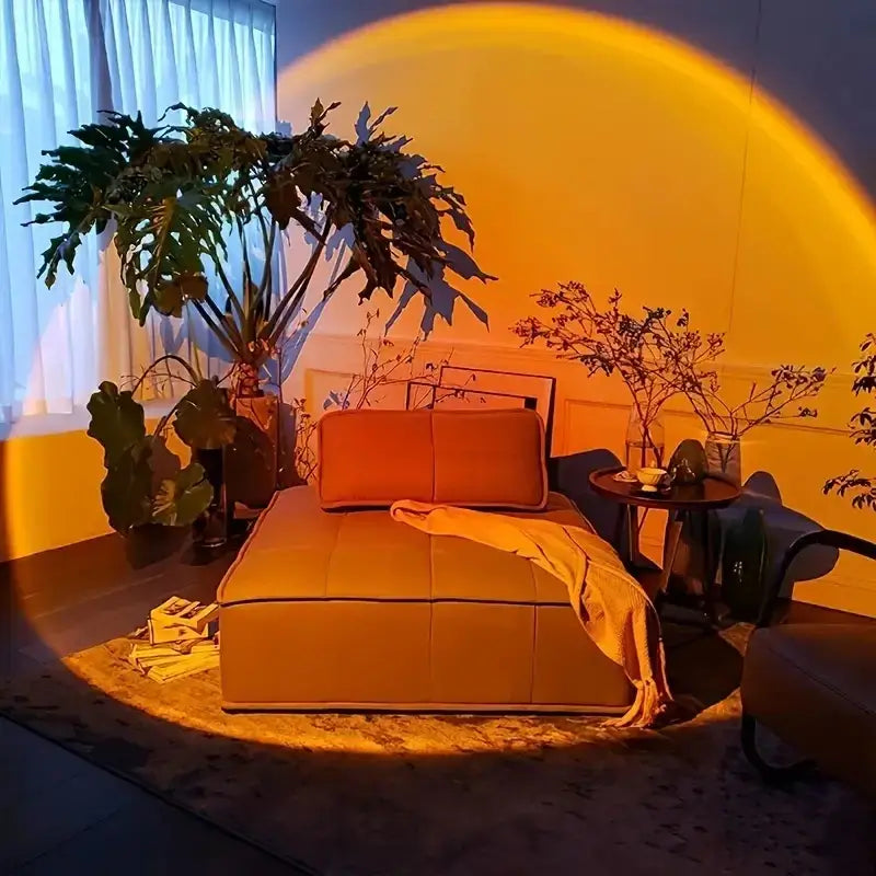 Warm sunset lamp for room decoration, aesthetic LED floor lamp with golden glow for cozy ambiance.