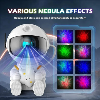 Galaxy star projector lamp with nebula and astronaut design, LED space light for relaxing bedroom atmosphere.