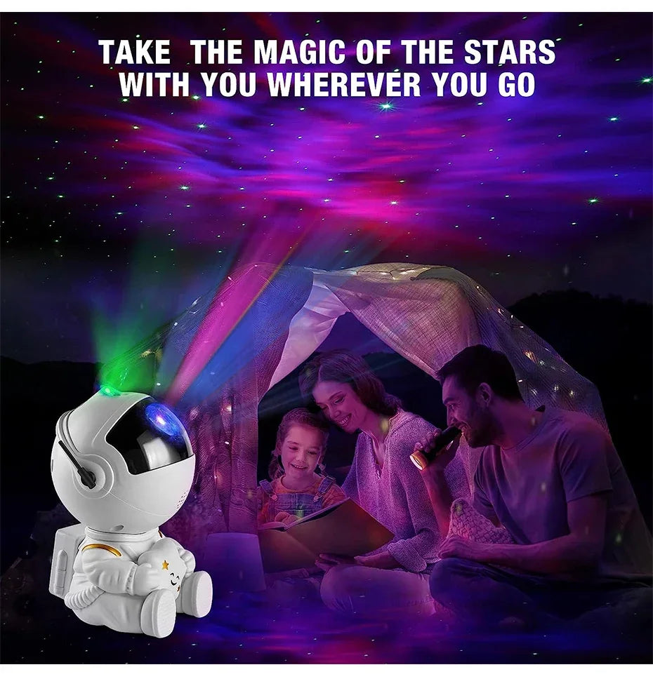 Galaxy star projector lamp with nebula and astronaut design, LED space light for relaxing bedroom atmosphere.