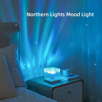 Aurora projector LED lamp with colorful northern lights effect for home decor and sleep ambiance.