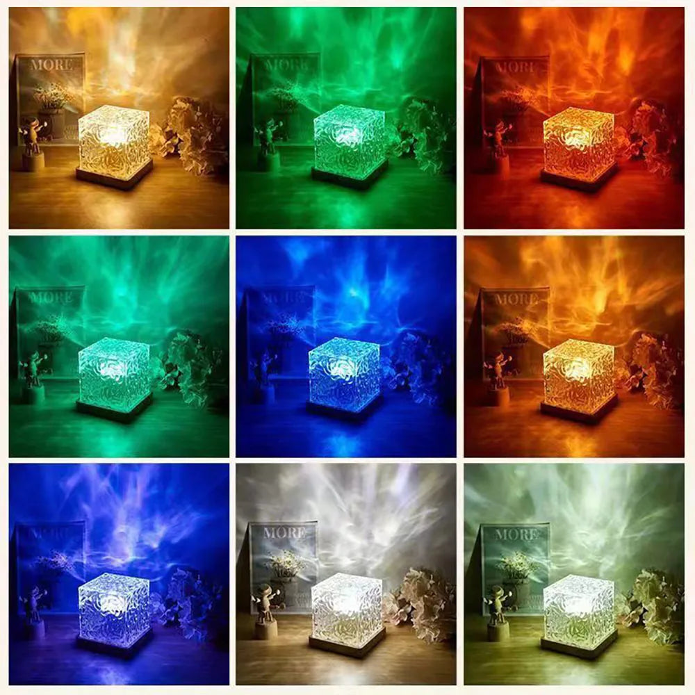 Aurora projector LED lamp with colorful northern lights effect for home decor and sleep ambiance.