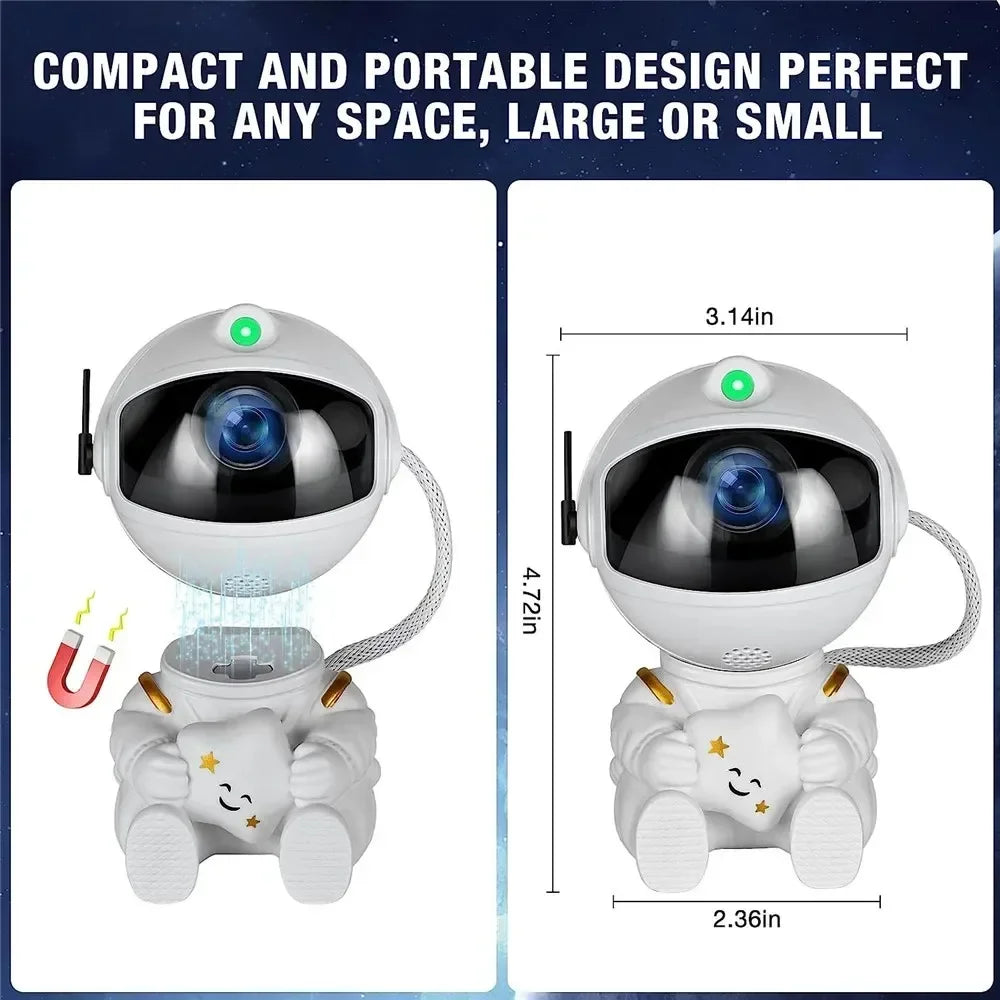 Galaxy star projector lamp with nebula and astronaut design, LED space light for relaxing bedroom atmosphere.