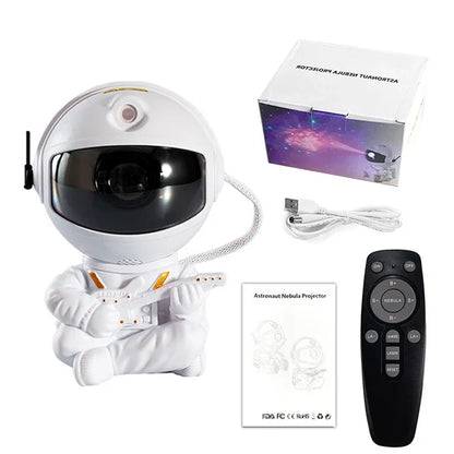 Galaxy star projector lamp with nebula and astronaut design, LED space light for relaxing bedroom atmosphere.