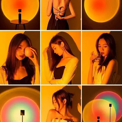 Warm sunset lamp for room decoration, aesthetic LED floor lamp with golden glow for cozy ambiance.
