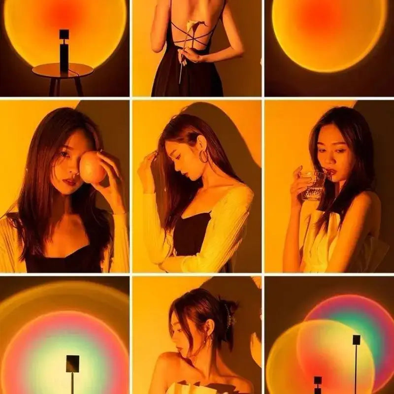 Warm sunset lamp for room decoration, aesthetic LED floor lamp with golden glow for cozy ambiance.
