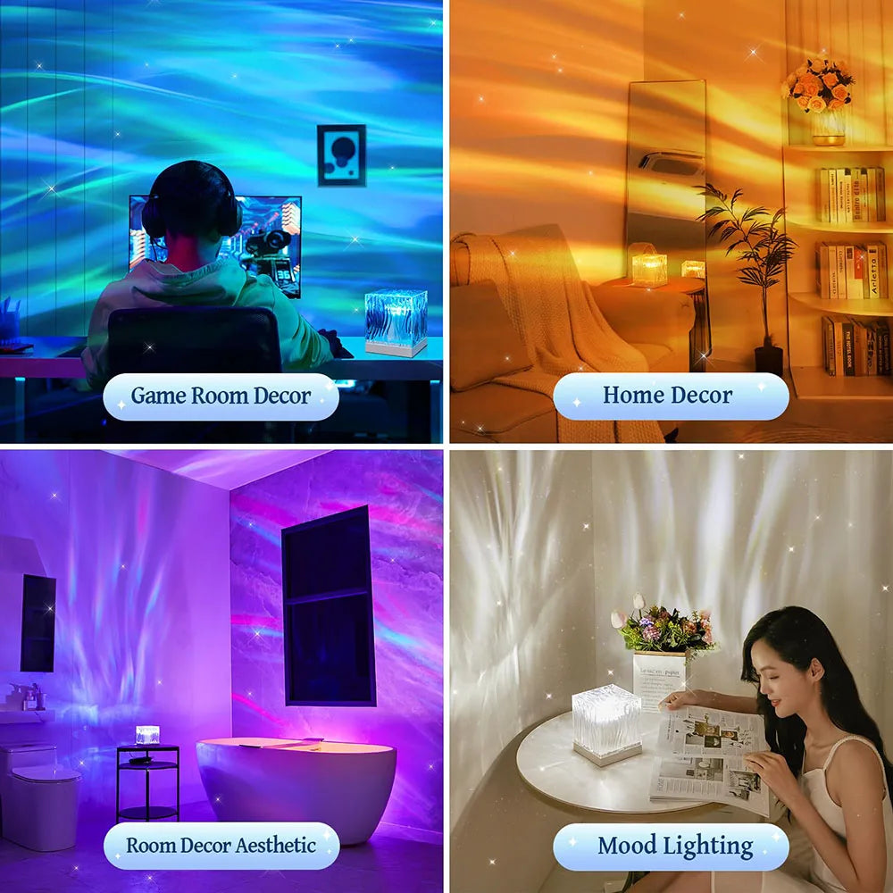 Aurora projector LED lamp with colorful northern lights effect for home decor and sleep ambiance.