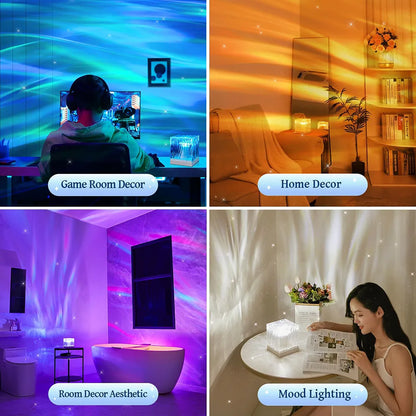 Aurora projector LED lamp with colorful northern lights effect for home decor and sleep ambiance.