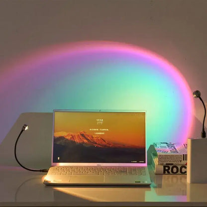 Warm sunset lamp for room decoration, aesthetic LED floor lamp with golden glow for cozy ambiance.
