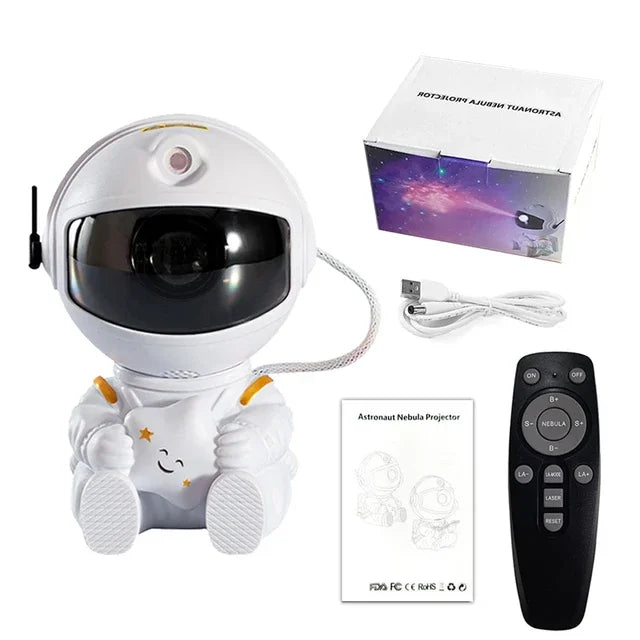 Galaxy star projector lamp with nebula and astronaut design, LED space light for relaxing bedroom atmosphere.