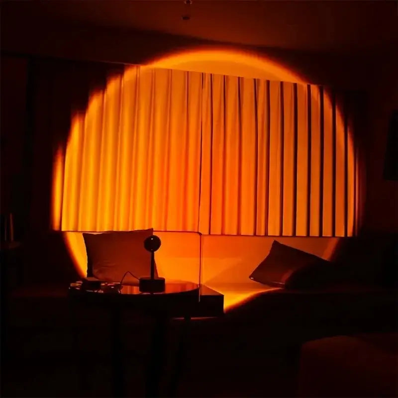 Warm sunset lamp for room decoration, aesthetic LED floor lamp with golden glow for cozy ambiance.