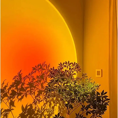 Warm sunset lamp for room decoration, aesthetic LED floor lamp with golden glow for cozy ambiance.