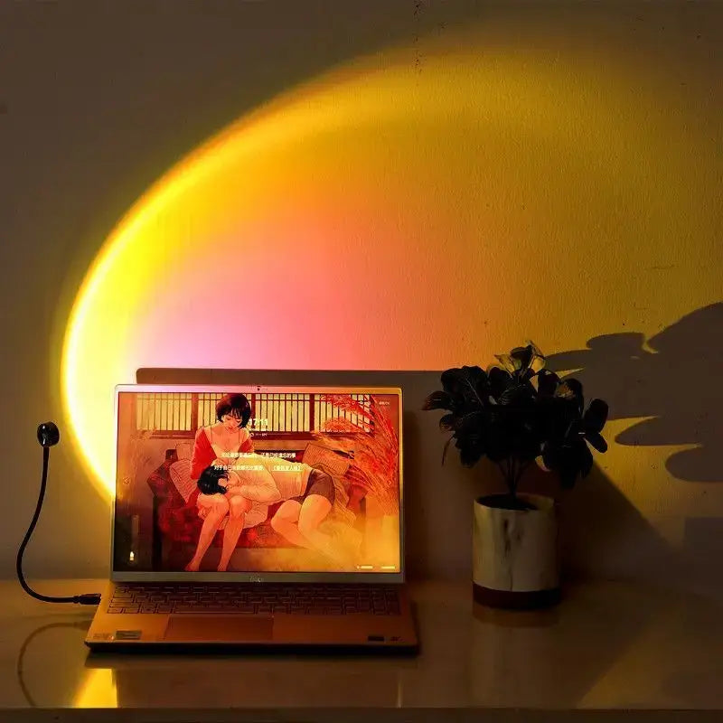 Warm sunset lamp for room decoration, aesthetic LED floor lamp with golden glow for cozy ambiance.