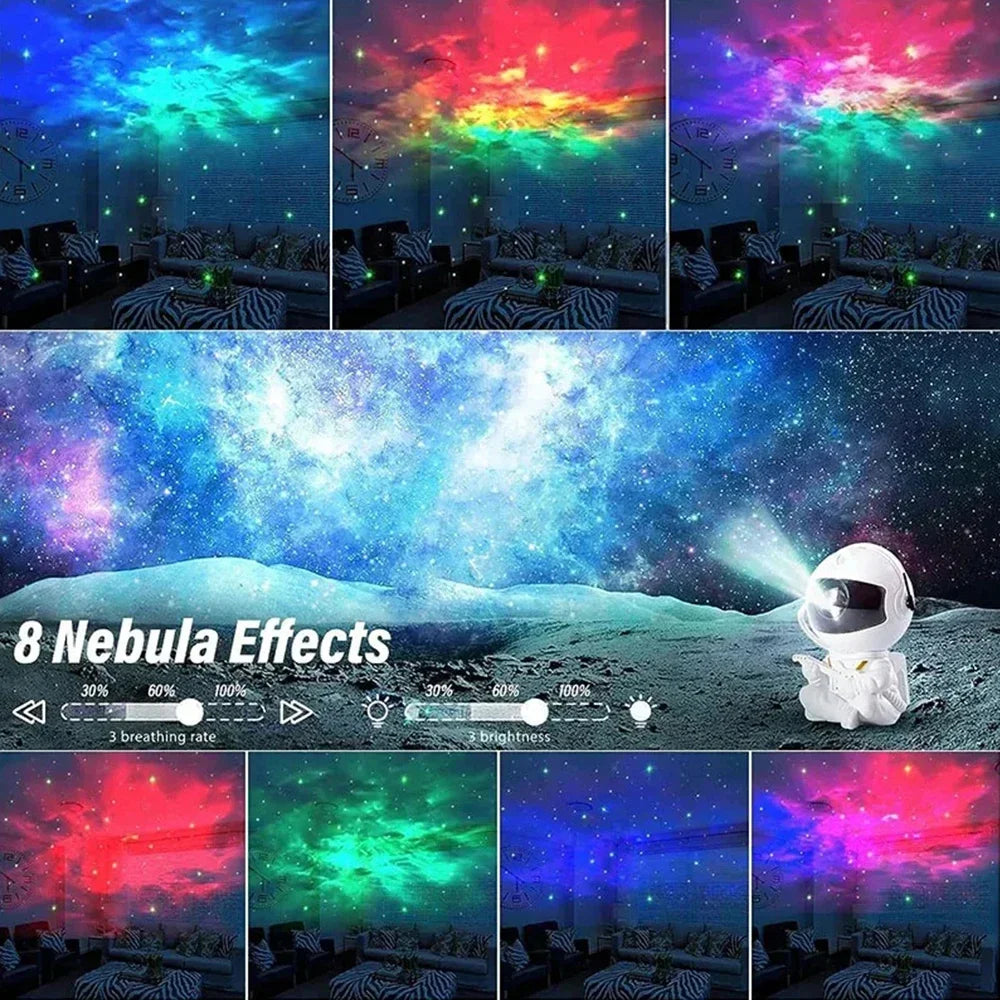 Galaxy star projector lamp with nebula and astronaut design, LED space light for relaxing bedroom atmosphere.