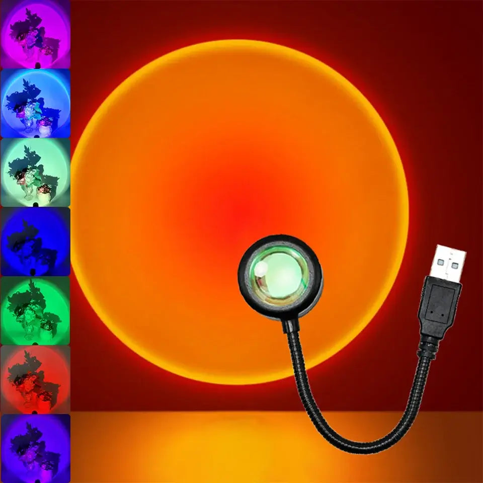 Warm sunset lamp for room decoration, aesthetic LED floor lamp with golden glow for cozy ambiance.