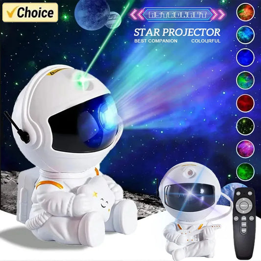 Galaxy star projector lamp with nebula and astronaut design, LED space light for relaxing bedroom atmosphere.