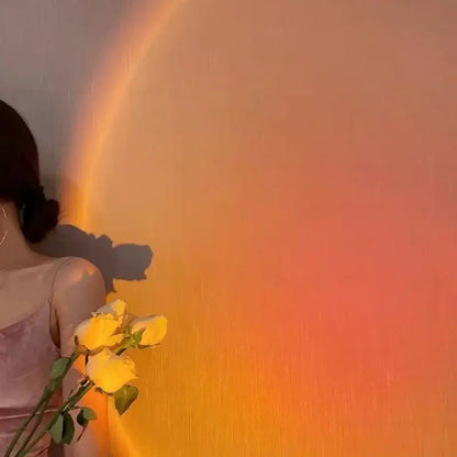 Warm sunset lamp for room decoration, aesthetic LED floor lamp with golden glow for cozy ambiance.