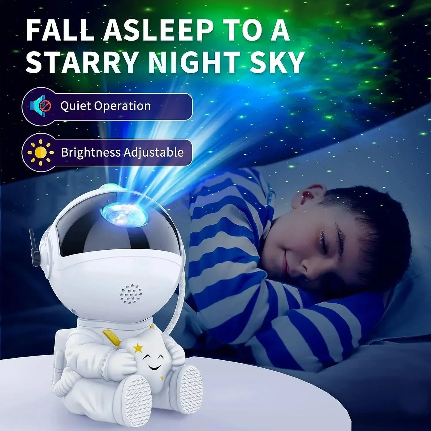 Galaxy star projector lamp with nebula and astronaut design, LED space light for relaxing bedroom atmosphere.