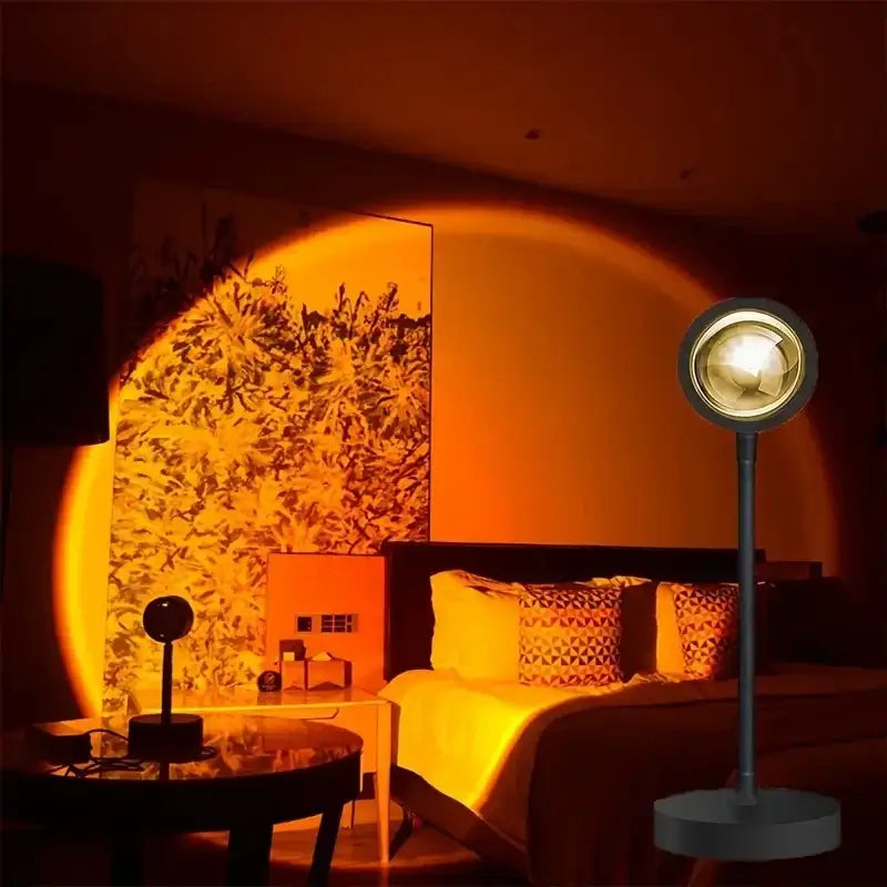 Warm sunset lamp for room decoration, aesthetic LED floor lamp with golden glow for cozy ambiance.