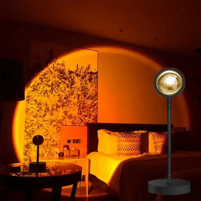 Warm sunset lamp for room decoration, aesthetic LED floor lamp with golden glow for cozy ambiance.