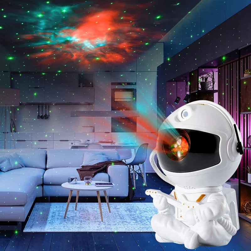 Galaxy star projector lamp with nebula and astronaut design, LED space light for relaxing bedroom atmosphere.