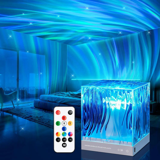 Aurora projector LED lamp with colorful northern lights effect for home decor and sleep ambiance.