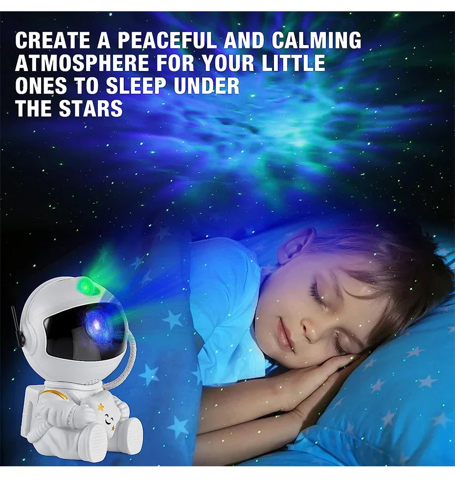 Galaxy star projector lamp with nebula and astronaut design, LED space light for relaxing bedroom atmosphere.