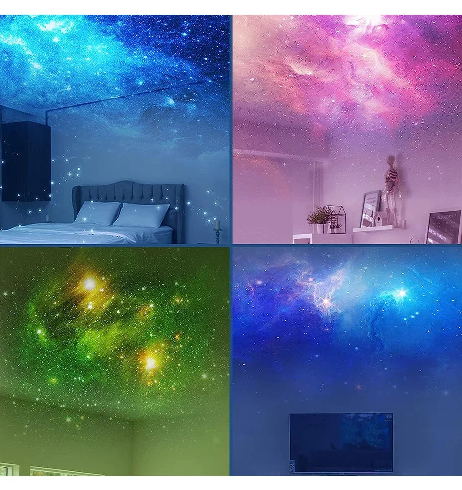 Galaxy star projector lamp with nebula and astronaut design, LED space light for relaxing bedroom atmosphere.