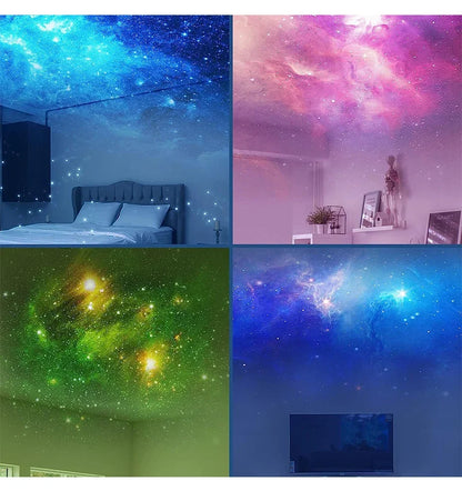 Galaxy star projector lamp with nebula and astronaut design, LED space light for relaxing bedroom atmosphere.